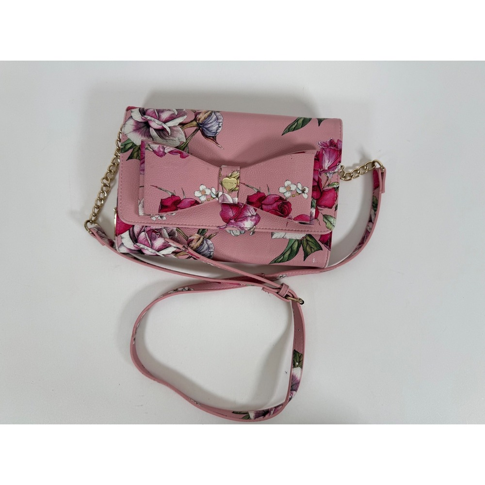 Betsey Johnson Crossbody Bag Women's Floral Rose Print Bow Chain Strap Pink